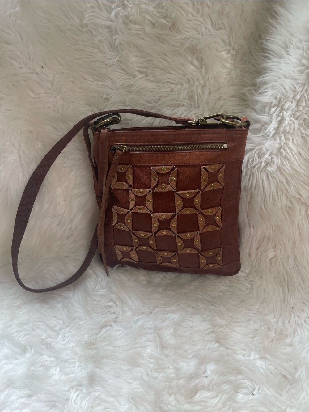 Lucky Brand Brown Leather Crossbody Bag with Studded Checker Detail Boho chic .